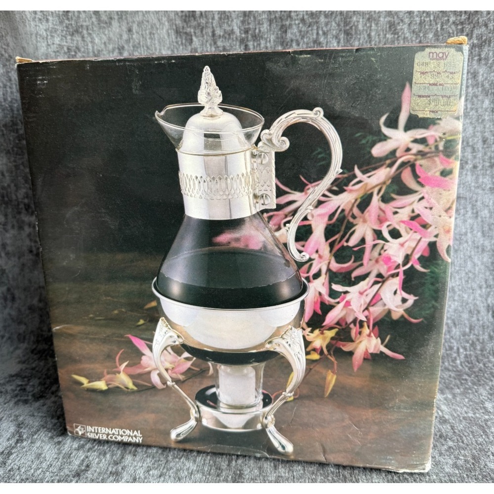 VTG International Silver Company 8‎ Cup Glass Coffee Tea Carafe Plate Stand NIB